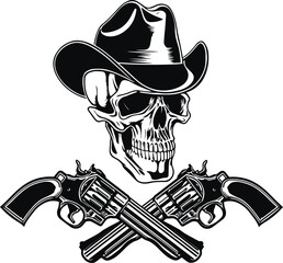Cowboy skull in a western hat and a  crossed gun revolver Vector illustration