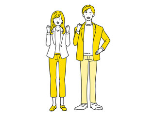 ガッツポーズをして喜ぶビジネスパーソン　男性＆女性
