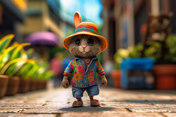 A happy bunny wearing a straw hat and sunglasses, playing hopscotch on a colorful summer sidewalk