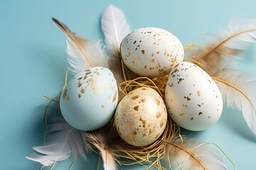 Naklejka na ściany i meble bird nest with a clutch of eggs resting on top. Generative AI