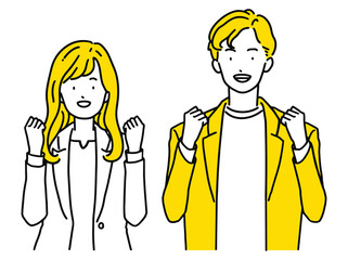 ガッツポーズをして喜ぶビジネスパーソン　男性＆女性