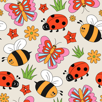 Seamless pattern with insects, flowers and grass. Butterfly, ladybug and bee. Spring, summer garden concept. Retro style cartoon vector illustration