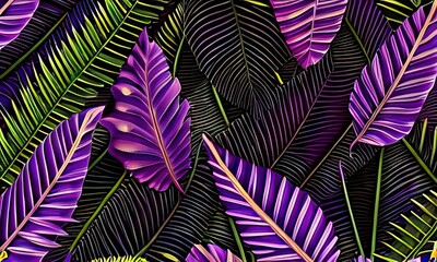 Fototapeta na wymiar Background with a full frame of purple leaves, lush foliage, and a tropical leaf. Generative Ai.