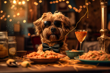 A happy dog wearing a bowtie and sunglasses, sitting at a table with a bowl of spaghetti and meatballs while looking content