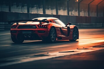 Obraz na płótnie Canvas vibrant red sports car speeding down a winding race track. Generative AI