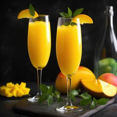 two glasses of orange juice and sliced fruits on the background