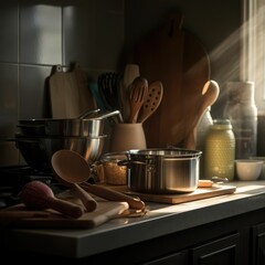 chrome shiny clean still cooking pots and pans in the kitchen and foggy cun light, generative AI