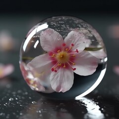 beautiful pink flower inside a glass bubble with water drops, generative AI
