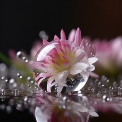 beautiful pink flower inside a glass bubble with water drops, generative AI