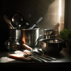 chrome shiny clean still cooking pots and pans in the kitchen and foggy cun light, generative AI