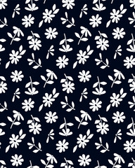 Seamless background with primitive floral pattern. Simple minimalistic background, small white flowers in boho style on a black background. Print for fabric, women's dress, banner, postcard, packaging