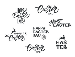 Set of hand written Easter greeting phrases. Happy easter lettering modern calligraphy style. Template for banner, flyer, greeting cards, gift card or photo overlay. Vector.