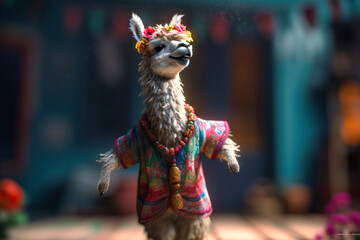Fototapeta na wymiar A jolly llama wearing a flowery summer dress and sunglasses, standing on its hind legs and dancing with a hula hoop
