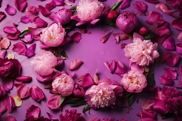 frame of purple roses and peonies and purple background