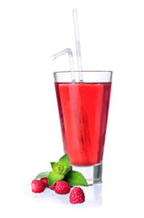 Glass of fresh cold red lemonade with berries and mint isolated on white.