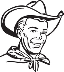 Vintage cowboy man in a hat 60s style . Retro comics cowboy black and white ink drawing, American cartoon advertising illustration.