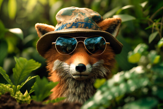 A curious fox wearing a safari hat and sunglasses, peeking out from behind a bush with a paw raised and a curious expression