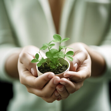 Lady holding a small plant with her hands, green small sprouting plant, generative AI