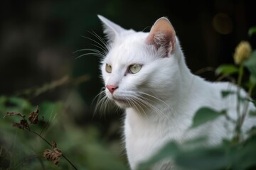On gruond, a lovely white cat. Generative AI