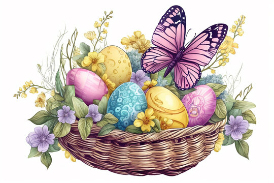 Beautiful spring composition with flowers, easter eggs and a butterfly, white background, generative AI