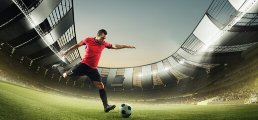Young man, professional football player in motion during game , dribbling ball at open air 3D stadium with flashlight. Fish-eye style. Concept of match, sport, competition, action and motion, cup.
