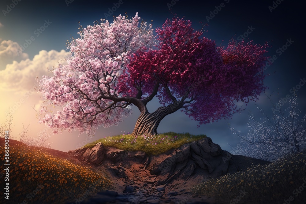 Poster spring landscape with a green field and flowering trees.the beauty of nature. generative ai