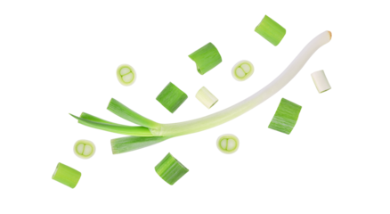 Green japanese onion falling in the air isolated on transparent background. PNG