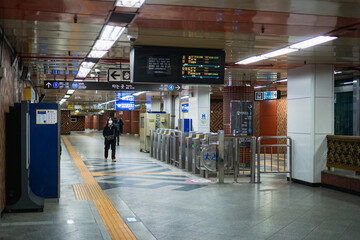 Seoul Metro or subway station atmosphere interior and exterior at Seoul , South Korea : 3 February 2023