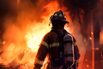 Fireman on the background of an open flame.Generative AI illustration.