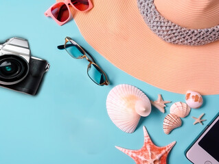 Naklejka premium Top view photo of camera hat glasses seashells and starfish on isolated background. generated with AI