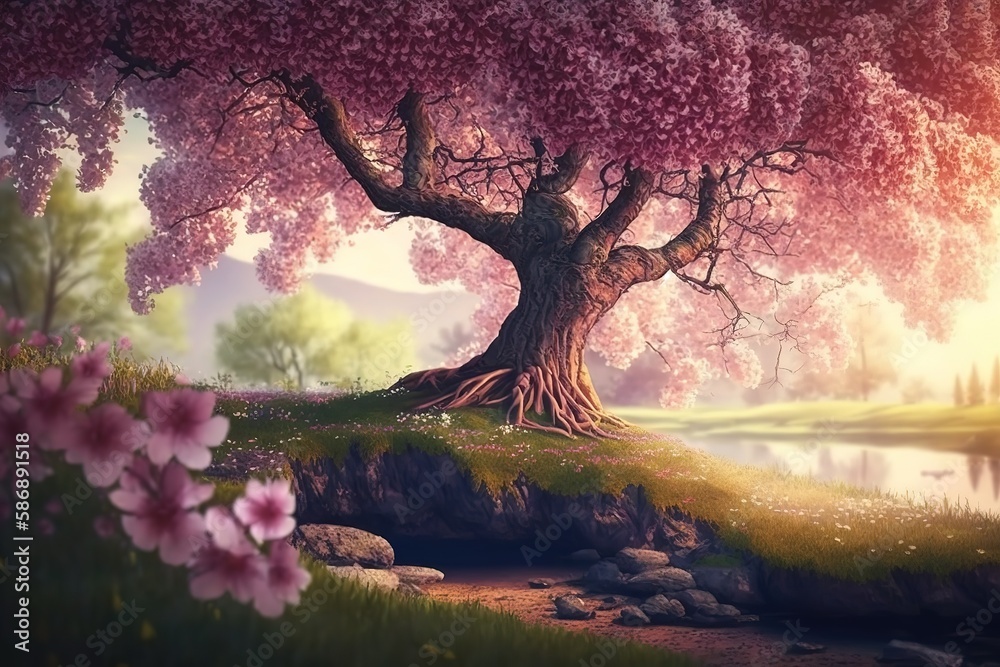 Poster spring landscape with a green field and flowering trees.the beauty of nature. generative ai