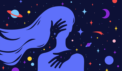Modern flat character. Hands hug silhouette of woman with dream universe, cosmos, stars background. Simple character of young girl, energy spirit connection universe starry night. Vector illustration
