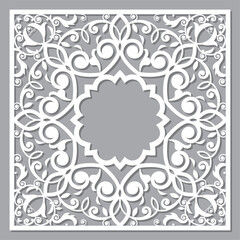 Traditional Moroccan vector wall panel design - mandala in floral frame or border in black on gray background
