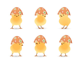Chicks in upper part of broken orange 3D Easter eggs with stars set