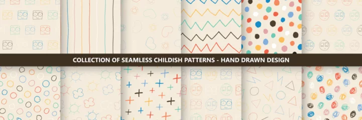 Schilderijen op glas Collection of vector seamless colorful patterns - hand drawn design. Minimalistic children drawing backgrounds. Textile endless prints © ExpressVectors