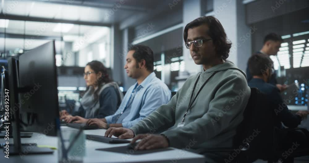 Poster Team of Talented Young Indian Professionals Working in a Technological Research and Development Agency. Computer Screens with Software Code and Technical Neural Network Diagrams