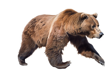 Fototapeta premium an isolated grizzly bear running and walking, side-view portrait, North American, mountain-themed photorealistic illustration on a transparent background in PNG. Ursus arctos horribilis. Generative AI