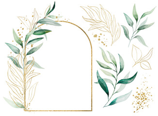 Geometric golden frame with of green watercolor leaves, wedding illustration with copy space