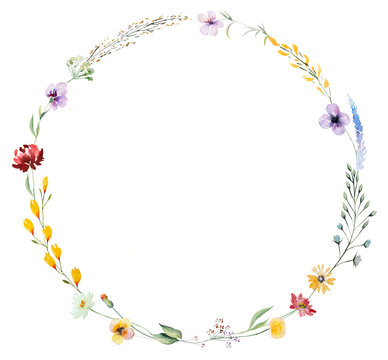 Round frame made of watercolor wild flowers and leaves, summer wedding and greeting illustration