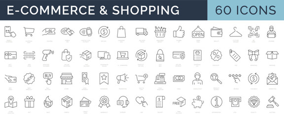 Set of 60 Thin lines web icons - E-commerce, Shopping, Delivering, Store, Marketing, Money. Vector illustration. Editable stroke