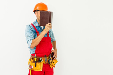 worker with notebook over white background