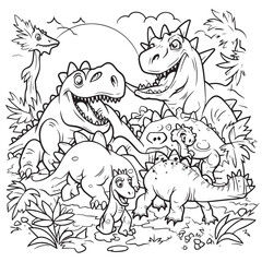 Dinosaurs,Black and white coloring pages for kids, simple lines, cartoon style, happy, cute, funny, many things in the world.