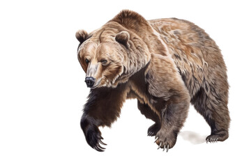 Fototapeta premium an isolated grizzly bear running and walking, side-view portrait, North American, mountain-themed photorealistic illustration on a transparent background in PNG. Ursus arctos horribilis. Generative AI