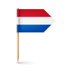 Realistic Dutch toothpick flag. Souvenir from Netherlands. Wooden toothpick with paper flag. Location mark, map pointer. Blank mockup for advertising and promotions. Vector illustration