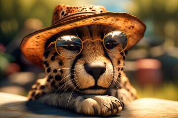 A content-looking cheetah wearing a straw hat and sunglasses, lounging on a rock with a serene expression and a paw resting on its chin - obrazy, fototapety, plakaty