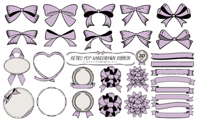 レトロポップでかわいいビンテージ風ペンてがきのベクターりぼんイラストとフレームの素材セット_黒線_塗り紫