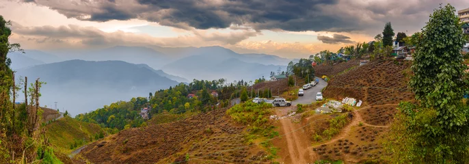 Photo sur Plexiglas Kangchenjunga Panoramic View of Kangchenjunga, also spelled Kanchenjunga, with Mountain Layers and Tea Gardens.