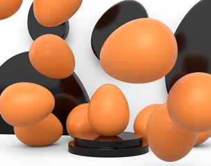 Farm brown eggs on podium standing in line on white background