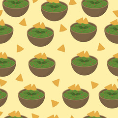 Seamless pattern with guacamole and chips. Traditional Mexican food.