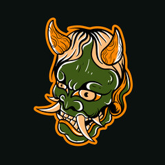 Hand drawn illustration of japanese oni mask